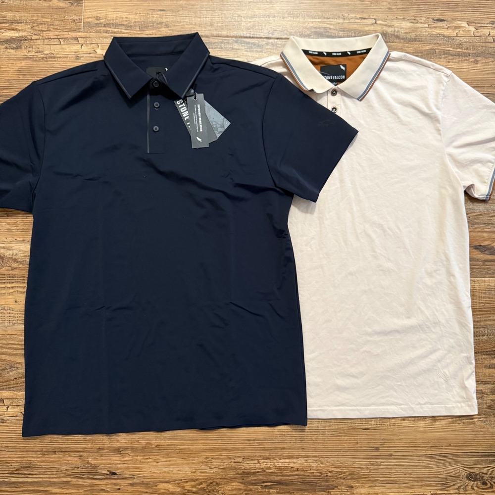 NWT 2 Stone Falcon Polo Shirts Mens Large Navy Superior Fab Cream Golf Stretch